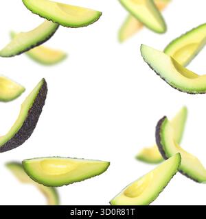 Fresh avocado slices falling on white background Stock Photo
