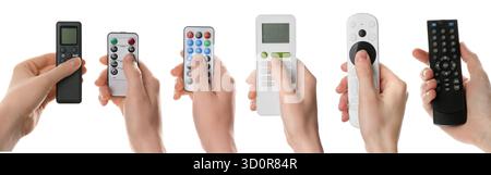 People holding different remote controls in hands on white background, collage Stock Photo