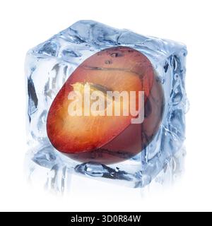 Half of plum inside ice cube isolated on white Stock Photo