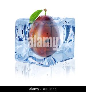 Fresh plum inside ice cube isolated on white Stock Photo