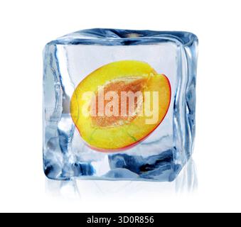 Half of plum inside ice cube isolated on white Stock Photo
