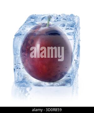 Fresh plum inside ice cube isolated on white Stock Photo