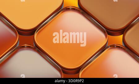close view of hexagonal tiles arranged in a repeating pattern showcases various warm orange and brown shades. smooth surfaces reflect light, adding de Stock Photo