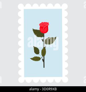 A postage stamp depicting a graceful, bright red rose on a stem. Vector illustration isolated on a gray background. Stock Vector