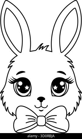 A cute bunny's face with a bow and big eyes in line art style Stock Vector