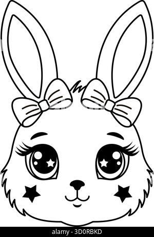 A cute bunny's face with a bows and big eyes in line art style Stock Vector