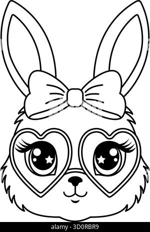 Cute contour bunny face with heart sunglasses, big eyes, and bow Stock Vector