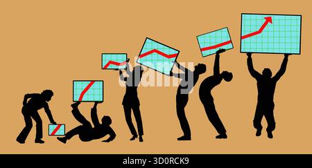 Stock market investors track their  investments on laptops, phones, desktop computers, tablets and other electronic devices to get up to the minute re Stock Vector