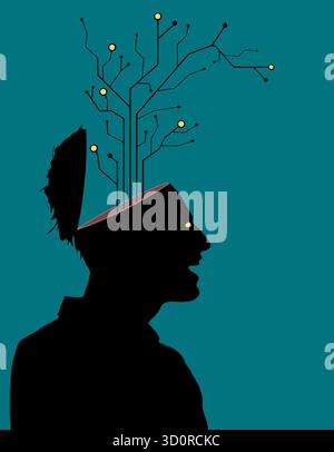 Modern AI computer curicuits appear out of the head of a man with a circuit powered yellow eye in a silhouetted image about brain function, learning, Stock Vector