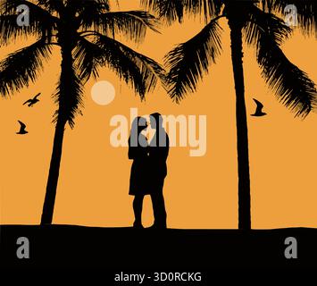 A young woman and man in love. embrace on the beach under palm trees at sunset in an illustration about love in a tropical setting. Stock Vector