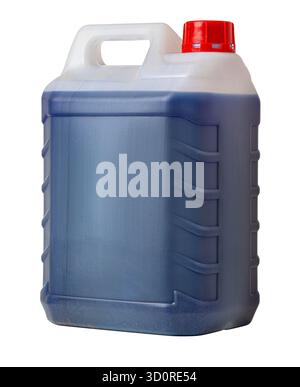 Blue plastic jerrycan container with red cap holding liquid detergent on transparent background Stock Photo