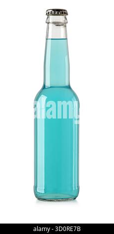 Refreshing blue soda drink in a clear glass bottle with a metal cap, isolated on white Stock Photo
