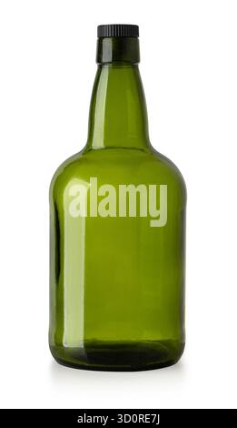Empty green glass alcohol bottle with a black screw cap, isolated on white background Stock Photo