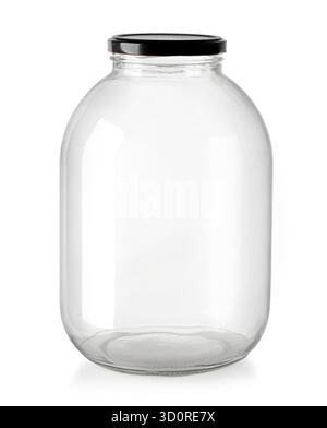Empty glass jar with a black lid standing on a white background Stock Photo
