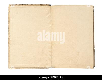 Open vintage book displaying two blank, textured paper pages with a transparent background Stock Photo