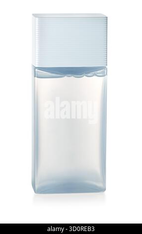 Minimalist cosmetic bottle featuring transparent liquid and a light blue textured cap, isolated Stock Photo