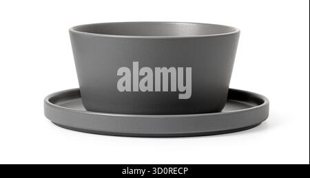 Empty ceramic bowl and saucer in grey, isolated on a clean white background Stock Photo