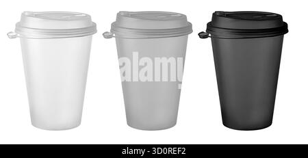 Three plastic to-go mugs presenting different branding options, isolated with a transparent background Stock Photo