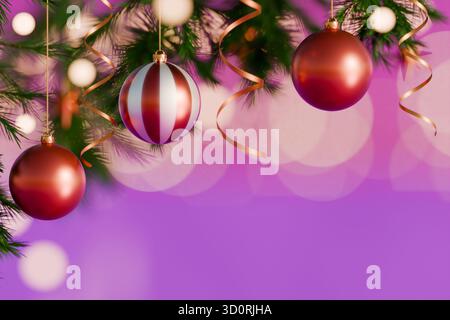 Red and white Christmas ornaments hang from pine branches against a purple backdrop, celebrating the holiday. 3d rendering Stock Photo
