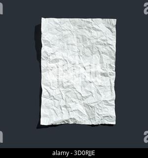 Crumpled white paper sheet on dark gray background with subtle shadows and textural details. Stock Photo