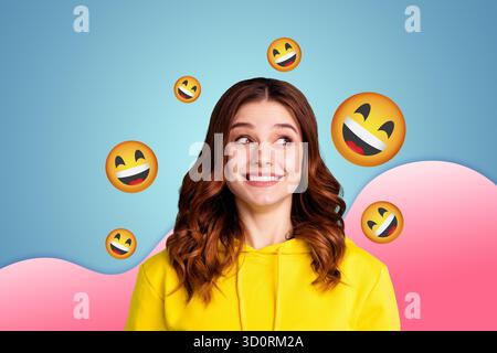 Collage of person surrounded by floating emoji icons expressing fun and different emotions happy joy angry oops lol Stock Photo