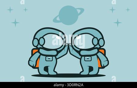 A vibrant space illustration featuring two astronauts giving a high five in outer space, symbolizing friendship, teamwork, and exploration. Perfect fo Stock Vector