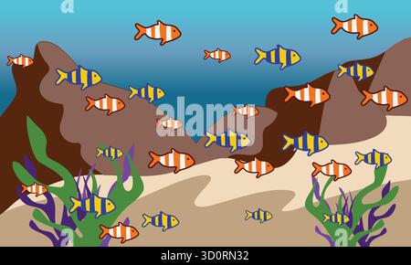 Beautiful underwater world illustration featuring vibrant fish, coral reefs, sea plants, and marine creatures in a dreamy ocean scene. Perfect for pos Stock Vector