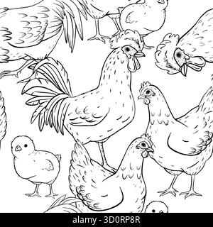 Seamless hand drawn black and white ink pattern with roosters, hens, and chicks, distributed evenly over the surface. Great for farm textile, wrapping Stock Vector