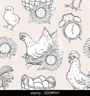 Seamless black and white ink pattern featuring hens, chicks, basket of eggs, sunflower, alarm clock, rooster. Suitable for country packaging, kitchen Stock Vector