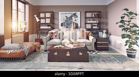 A 3d rendering of a stylish, eclectic living room interior featuring a beige sofa, a leather trunk coffee table, and industrial bookshelves. Sunlight Stock Photo