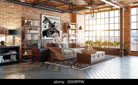 A sunlit industrial-style loft apartment living room featuring exposed brick walls, large windows, and a high ceiling with exposed pipes. The interior Stock Photo