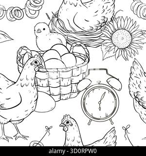 Seamless hand drawn black and white ink pattern featuring hens, chicks, basket of eggs, sunflower, alarm clock, rope. Suitable for country packaging, Stock Vector