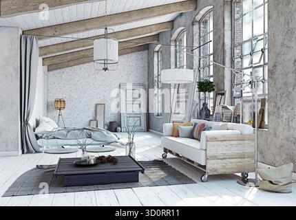 A bright, industrial-style loft apartment interior featuring a high ceiling with exposed beams, whitewashed brick, and large windows. This open-plan l Stock Photo