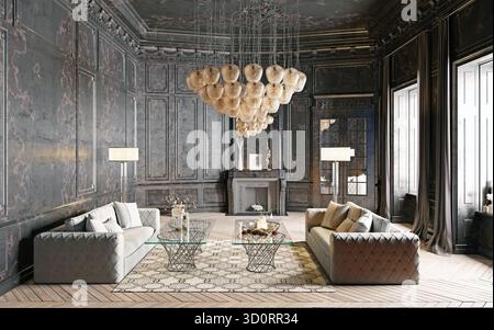 An opulent living room with dark, classic paneled walls, a high ceiling, and a wooden floor. The space features two light-colored quilted sofas, glass Stock Photo