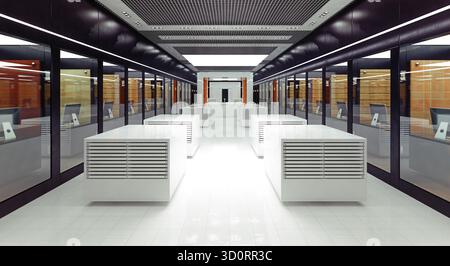 A 3D rendering of a modern, futuristic interior with a long central aisle. The space features white tiled floors, black ceilings, and glass-walled off Stock Photo