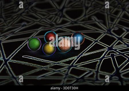 Spheres trapped between lines with a neon effect Stock Photo