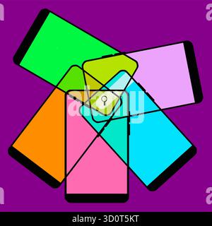 Trending topics to search on their ell phones is illustrated with overlapping phone screens looking at the same search box. Stock Vector