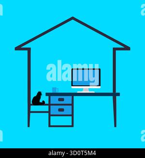 A home office is depicted in a simple design that includes the family pet. Stock Vector