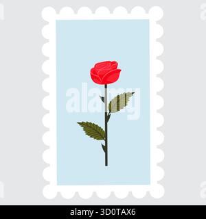 A postage stamp depicting a bright red rose on a stem. Vector illustration isolated on a gray background. Stock Vector