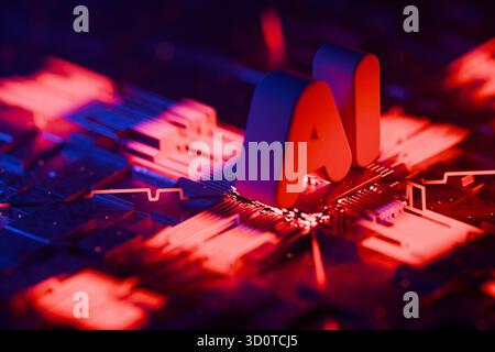 Futuristic 3D Illustration Of Glowing AI Letters On A Digital Microchip Background, Machine Learning, And Advanced Technology Innovation. Artificial I Stock Photo