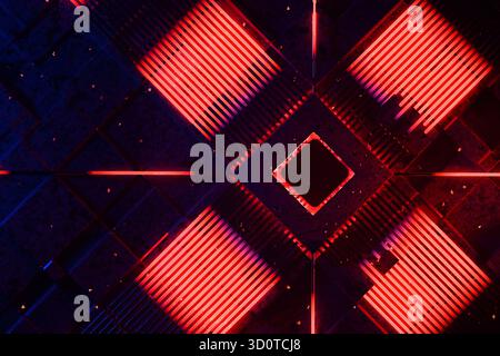 Technological Quantum Computer AI Processor With Blue And Red Light, Creative Idea. Artificial Intelligence, Concept. Technology And Silicon Circuit B Stock Photo