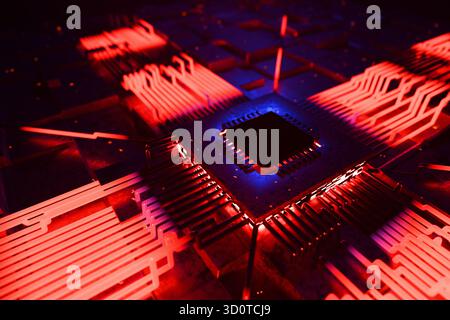 Technological Quantum Computer AI Processor With Blue And Red Light, Creative Idea. Artificial Intelligence, Concept. Technology And Silicon Circuit B Stock Photo