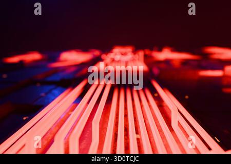 Technological Quantum Computer With Blue And Red Light, Creative Idea. Hot Tube Cooling. Technology And Silicon Boards. Motherboard, Video Card. Abstr Stock Photo