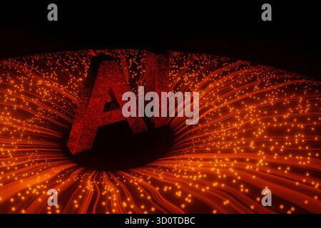 3D Red Glowing Letters “AI” Surrounded By Abstract Light Lines And Digital Particles. Futuristic Concept Of Artificial Intelligence, Big Data, And Tec Stock Photo