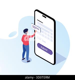 Person submitting form on smartphone with submit button, standing against a light blue background Stock Vector