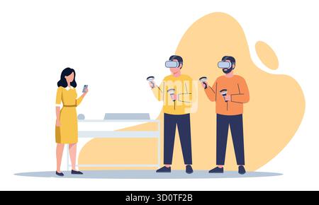 People using virtual reality headsets, illustrating immersive technology and digital interaction in a simulated environment Stock Vector