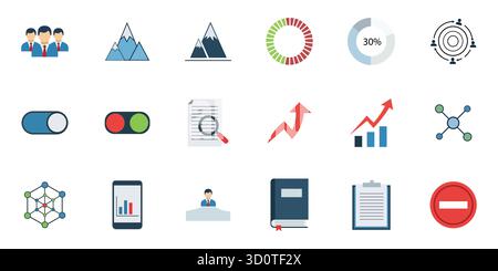 Collection of business and data analysis icons, showcasing charts, graphs, and team collaboration for presentations and infographics Stock Vector