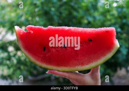 Hand holding a fresh slice of ripe watermelon on a summer day. Stock Photo
