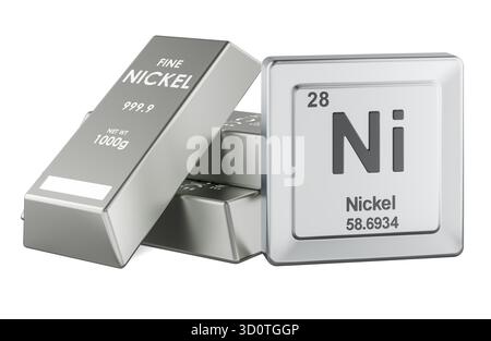 Nickel bullion bars with periodic table element Ni. 3D rendering isolated on white background Stock Photo