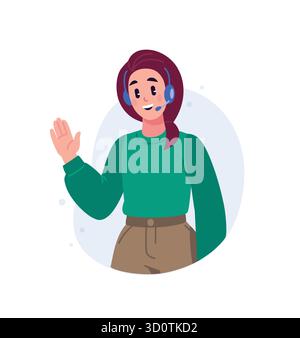 A girl in a headset from tech support greets a user on a website or marketplace. Help and support. Illustration for design projects, website and print Stock Vector